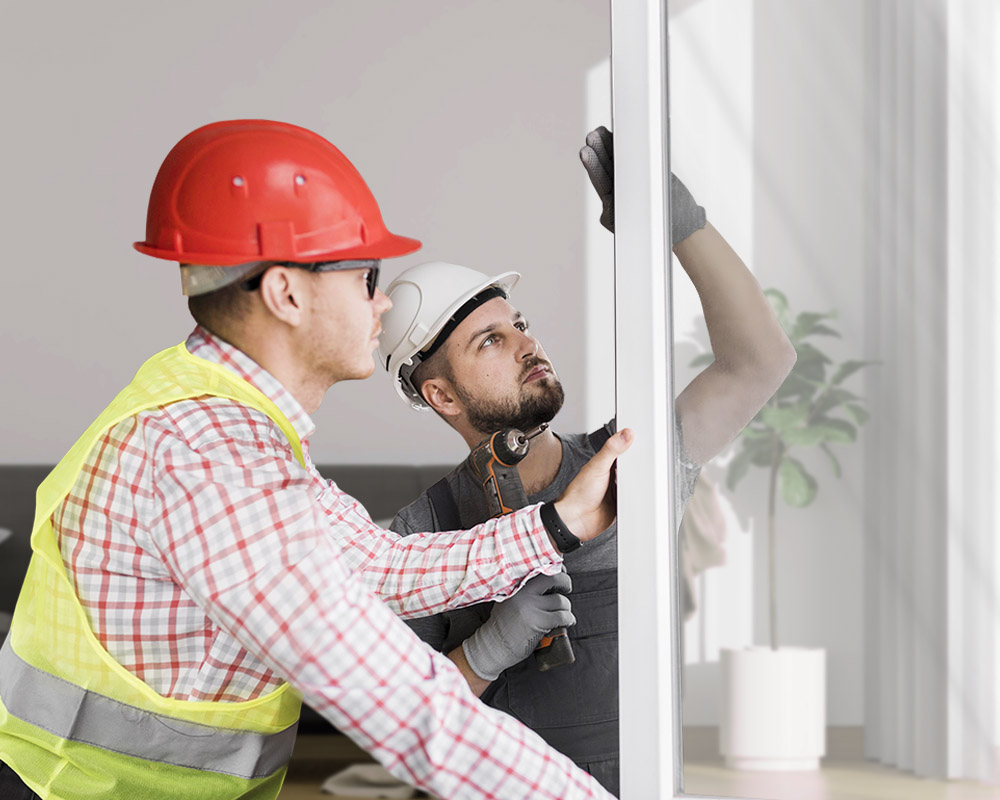Рабочие ремонтируют окно.
